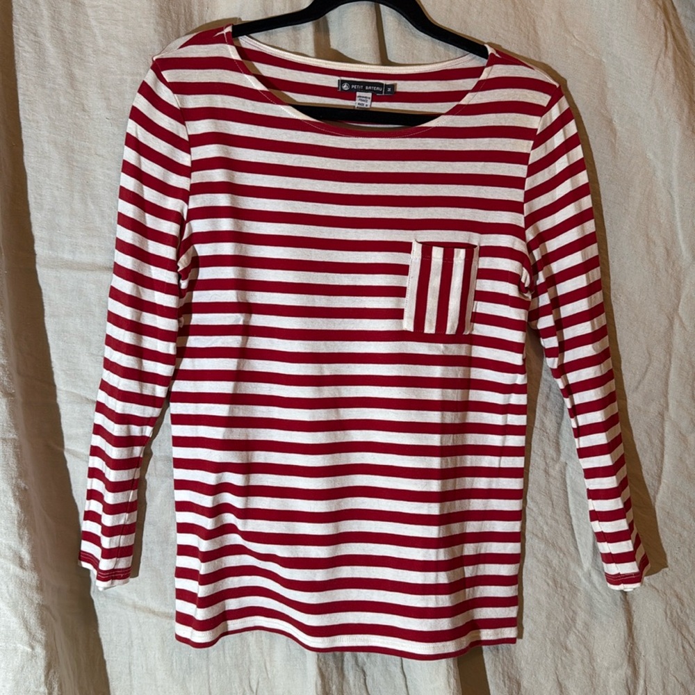 Petit Bateau Red and White Striped Long Sleeve Tee